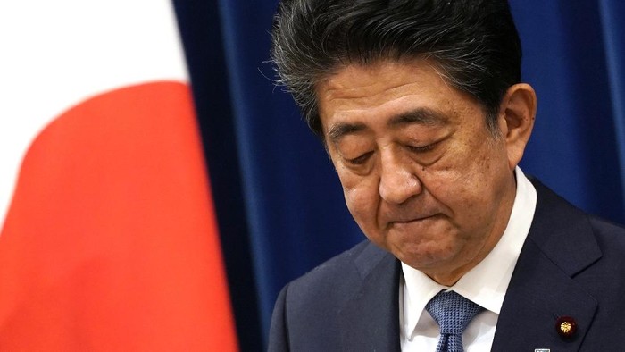 Japanese Prime Minister Shinzo Abe speaks during a press conference at the prime minister official residence in Tokyo Friday, Aug. 28, 2020. Abe, Japan’s longest-serving prime minister, says he’s resigning because a chronic illness has resurfaced. (Franck Robichon/Pool Photo via AP)