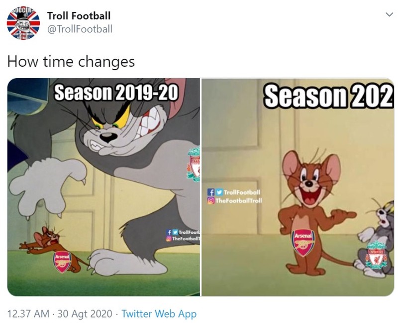 Arsenal menjuarai Community Shield setelah mengalahkan Liverpool. Meme kocak Liverpool gagal juara pun bertebaran di media sosial.