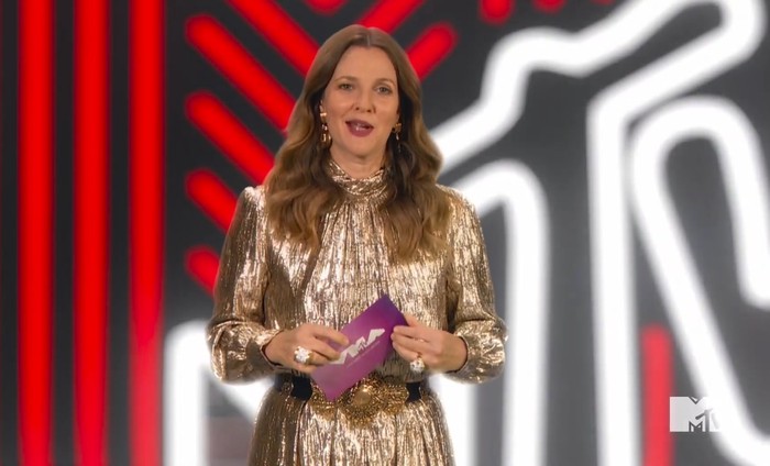 In this video grab issued Sunday, Aug. 30, 2020, by MTV, Drew Barrymore presents the award for best direction during the MTV Video Music Awards. (MTV via AP)