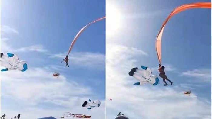 The three-year-old girl was entangled in the strings of a kite while attending a festival in Nanliao on Aug 30, 2020. (Image: Screengrabs from Facebook video/viasblog.tw)