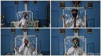 Masker dan pembatas meja merupakan salah satu cara untuk mencegah penyebaran COVID-19. Jadi para siswa yang mengikuti pelajaran online di balai warga wajib memakai masker. 