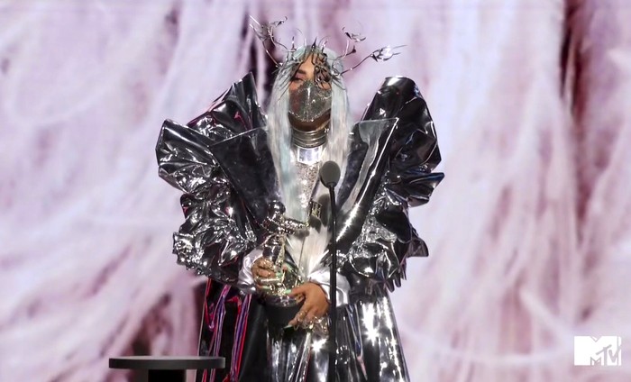 Lady Gaga In this video grab issued Sunday, Aug. 30, 2020, by MTV, Lady Gaga accepts the Tricon award during the MTV Video Music Awards. (MTV via AP)