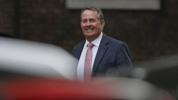 Liam Fox Secretary of State for International Trade and President of the Board of Trade smiles for the media as he arrives at 10 Downing Street for a cabinet meeting in London, Tuesday, June 11, 2019. (AP Photo/Alastair Grant)