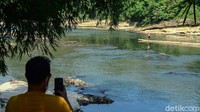 Seorang menyelusuri sungai dengan rakit.