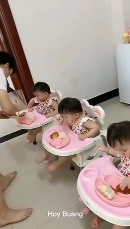Bocah Kembar 3 Sabar Saat Ayahnya Siapkan Makanan