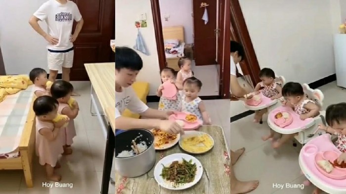 anak kembar Bocah Kembar 3 Sabar Saat Ayahnya Siapkan Makanan