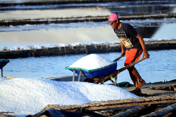 Petani berbincang sambil memandangi tumpukan garam yang baru dipanen,  di Desa Bunder, Pamekasan, Jawa Timur, Senin (31/8/2020). Dalam beberapa pekan terakhir harga garam di Madura naik dari Rp.250 000 per ton menjadi Rp.300.000 hingga Rp.400.000 per ton. ANTARA FOTO/Saiful Bahri/hp.