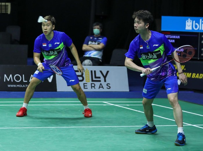 Kevin Sanjaya Sukamuljo/Marcus Fernaldi Gideon bertanding di ajang Mola TV PBSI Thomas & Uber Cup Simulation 2020