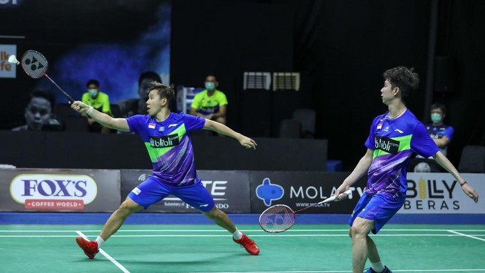 Kevin Sanjaya Sukamuljo/Marcus Fernaldi Gideon bertanding di ajang Mola TV PBSI Thomas & Uber Cup Simulation 2020