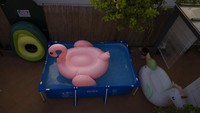 Balon flamingo tiup besar mengapung di kolam plastik portabel di teras pribadi di Sevilla, Spanyol.  