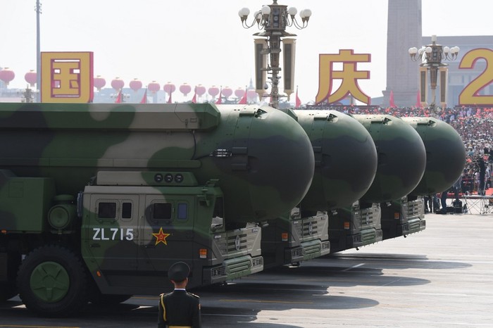 Chinas DF-41 nuclear-capable intercontinental ballistic missiles are seen during a military parade at Tiananmen Square in Beijing on October 1, 2019, to mark the 70th anniversary of the founding of the Peoples Republic of China. (Photo by GREG BAKER / AFP)