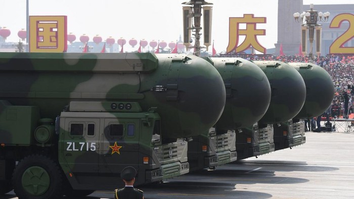 Chinas DF-41 nuclear-capable intercontinental ballistic missiles are seen during a military parade at Tiananmen Square in Beijing on October 1, 2019, to mark the 70th anniversary of the founding of the Peoples Republic of China. (Photo by GREG BAKER / AFP)