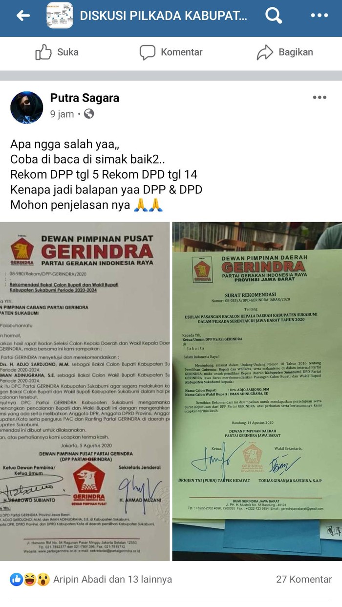 Surat rekomendasi cabup Sukabumi dari Partai Gerindra.
