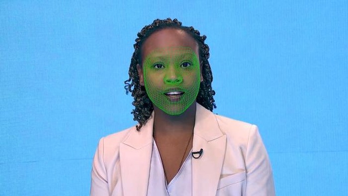 A green wireframe model covers an actors lower face during the creation of a synthetic facial reanimation video, known alternatively as a deepfake, in London, Britain February 12, 2019. Picture taken February 12, 2019. Reuters TV via REUTERS