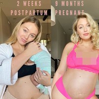 Model Iskra Lawrence memperlihatkan foto before after penampilannya sebelum dan setelah melahirkan. Dia membandingkan foto dirinya saat hamil sembilan bulan dan dua minggu setelah melahirkan. Iskra tak malu memperlihatkan bahwa perutnya masih buncit setelah bayinya lahir. Foto: Instagram
