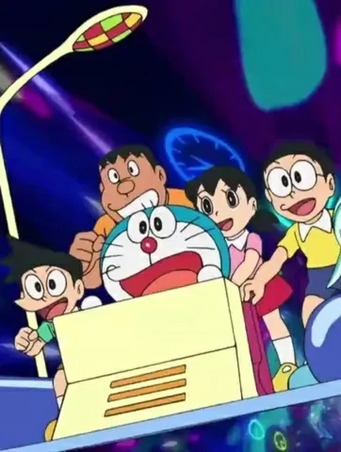 Doraemon dan kawan-kawan di mesin waktu.