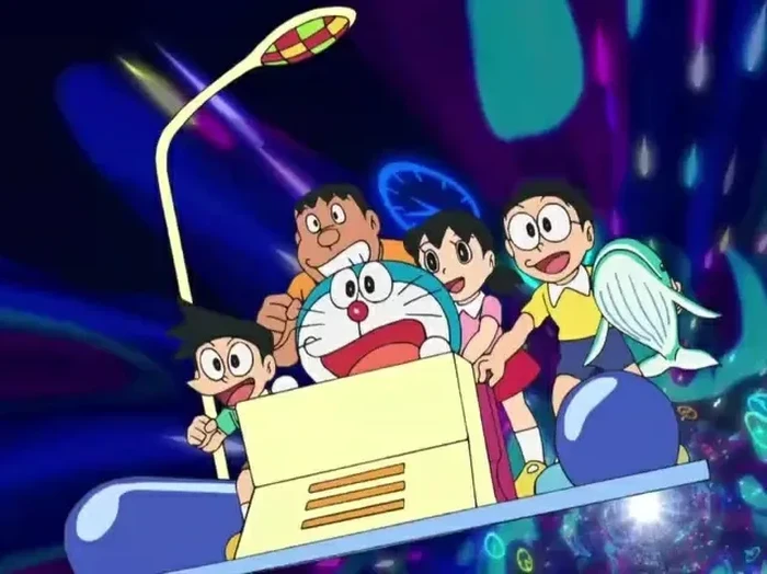 Doraemon dan kawan-kawan di mesin waktu.