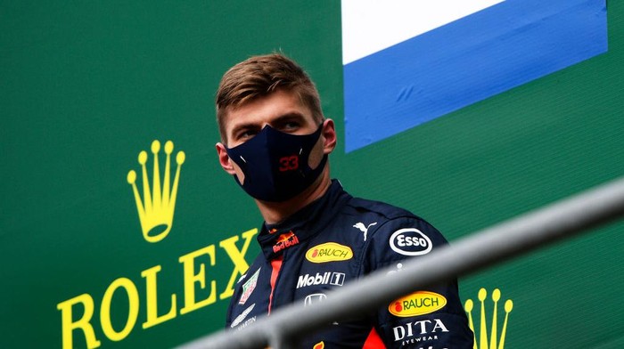 SPA, BELGIUM - AUGUST 30: Third placed Max Verstappen of Netherlands and Red Bull Racing looks on from the podium during the F1 Grand Prix of Belgium at Circuit de Spa-Francorchamps on August 30, 2020 in Spa, Belgium. (Photo by Rudy Carezzevoli/Getty Images)