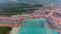 Beginilah potret udara pembangunan proyek jalan tol Trans Sumatera ruas Palembang-Bengkulu Seksi Indralaya-Prabumulih di Indralaya, Ogan Ilir (OI), Sumatera Selatan, Kamis(3/9/2020).