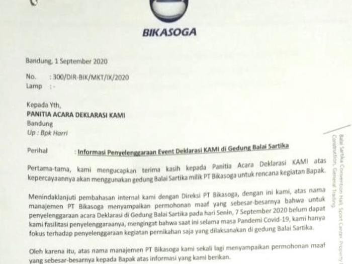 Surat pengelola Gedung Bikasoga ke KAMI.