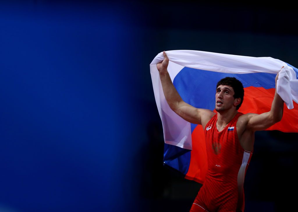 Zaurbek Sidakov MINSK, BELARUS - JUNE 26: Zaurbek Sidakov of Russia celebrates victory against Soner Demiratas of Turkey in the Men's -74kg Freestyle Wrestling Gold Medal Final during day six of the 2nd European Games at Sports Palace on June 26, 2019 in Minsk, Belarus. (Photo by Francois Nel/Getty Images)
