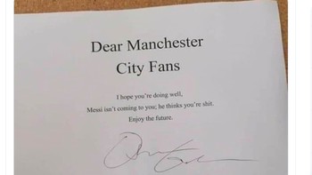 Meme surat CEO Barcelona pada Manchester City bahwa Messi tetap bertahan karena menganggap City klub yang buruk. Foto: istimewa
