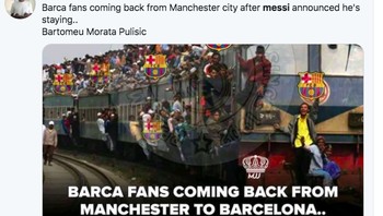 Fans Bacelona yang digambarkan menggeruduk kota Manchester karena gosipnya Messi akan ke City sudah kembali. Foto: istimewa