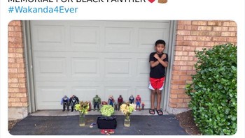 Putraku dan tokoh Avenger lainnya saling berpegangan untuk mengenang Black Panther. Foto: Boredpanda