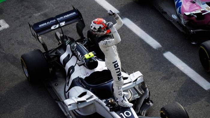 MONZA, ITALY - SEPTEMBER 06: Race winner Pierre Gasly of France and Scuderia AlphaTauri celebrates in parc ferme during the F1 Grand Prix of Italy at Autodromo di Monza on September 06, 2020 in Monza, Italy. (Photo by Luca Bruno - Pool/Getty Images)