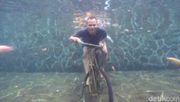 Untuk mencoba foto underwater ini traveler hanya perlu membayar Rp 30 ribu untuk satu spot foto. Di kolam foto underwater terdapat empat spot foto dari ayunan, meja komputer, motor hingga sepeda. (Bima Bagaskara/detikcom)