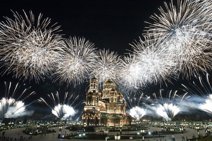 Russian Navy band performs during the Spasskaya Tower military music festival in front of the Cathedral of Russian Armed Forces in Kubinka, outside Moscow, Russia, Sunday, Sept. 6, 2020. Due to coronavirus, the annual international music festival in Red Square was canceled, an online festival without spectators took place Sunday on the Cathedral Square in Patriot Park, outside Moscow. (AP Photo/Pavel Golovkin)