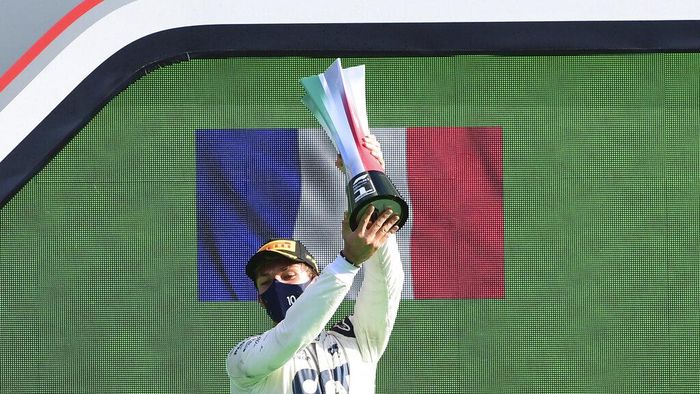 Pierre Gasly AlfaTauri driver Pierre Gasly of France celebrates on the podium after winning the Formula One Grand Prix at the Monza racetrack in Monza, Italy, Sunday, Sept.6 , 2020. (Jennifer Lorenzini, Pool via AP)