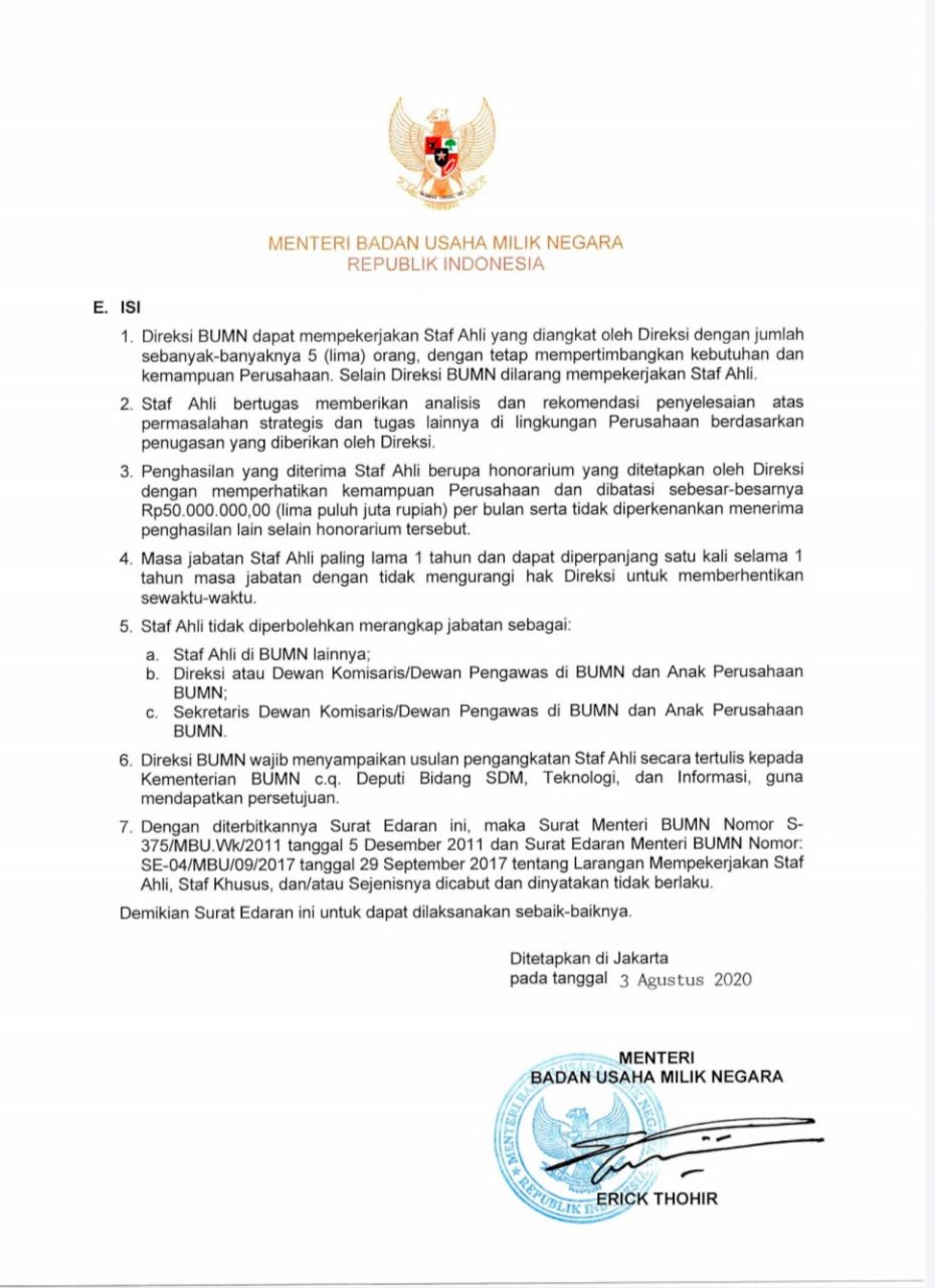 Surat Edaran Menteri Badan Usaha Milik Negara (Istimewa)
