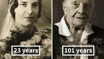Adalah Jan Langer seorang fotografer membuat proyek foto bertajuk Faces of Century.  Ini adalah foto Marie Burešová saat usia muda mengenakan baju pengantin.: Boredpanda