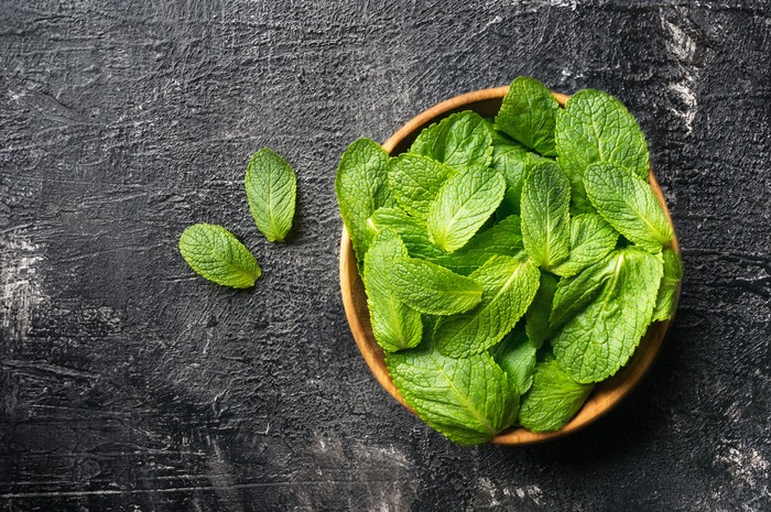 Mint leaves herb on dark stone table with copy space.