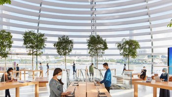 Sebuah oculus di puncak kubah memberikan sinar cahaya yang membanjiri ruangan, berpadu dengan cincin kerai khusus yang melapisi kaca interior Foto: Apple