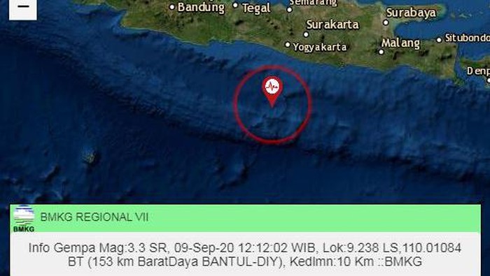 Gempa bumi M 3,3 di perairan selatan Bantul, DIY, Rabu (9/9/2020).