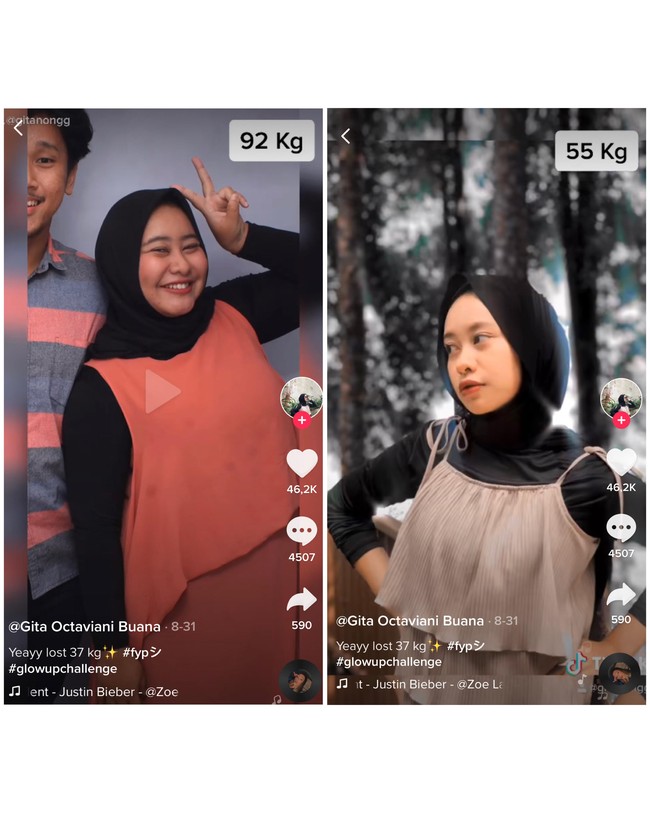Ketika dikonfirmasi oleh Wolipop, Gita tak menyangka jika videonya bisa viral. Dia mengunggah video tersebut untuk mengenang berbagai rintangan yang dijalaninya bersama Rafi ketika menurunkan berat badan bersama. Raffi sendiri sukses menurunkan beratnya dari 87 kg menjadi 70 kg, sehingga total penurunan berat badan mereka adalah 54 kg. Foto: Dok. pribadi Gita Octaviani.