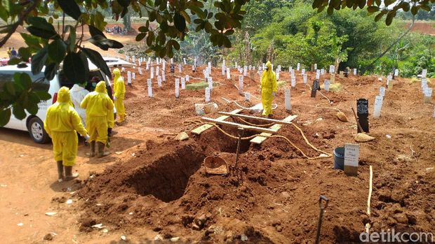 Proses pemakaman di TPU Pondok Ranggon (Sachril/detikcom)