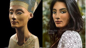 Ratu Nefertiti dari Mesir dan versi modernnya. Dengan kemampuannya sebagai seoarang desainer grafis ia menciptakan karya dengan menyulap wajah-wajah toko sejarah di masa lalu menjadi wajah yang lebih modern di masa kini. Foto: Instagram/royalty_now_