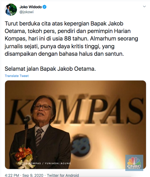 Via Twitter, Jokowi turut berduka atas meninggalnya Jakob Oetama