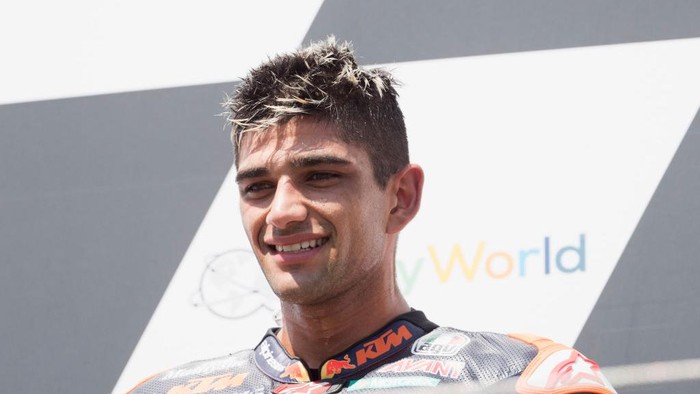 SPIELBERG, AUSTRIA - AUGUST 16: Jorge Martin of Spain and Red Bull KTM  Ajo  celebrates the victory on the podium at the end of the Moto2 race during the MotoGP Of Austria - Race at Red Bull Ring on August 16, 2020 in Spielberg, Austria. (Photo by Mirco Lazzari gp/Getty Images)
