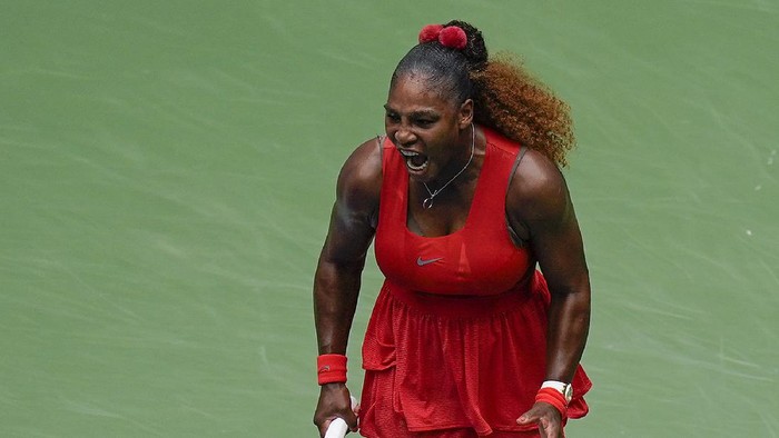 Serena Williams, of the United States, reacts during a match against Tsvetana Pironkova, of Bulgaria,during the quarterfinals of the US Open tennis championships, Wednesday, Sept. 9, 2020, in New York. (AP Photo/Seth Wenig)