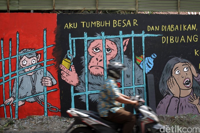 Warga melintas di depan Lukisan mural bertema peduli satwa monyet terpampang di dinding Pasar Satwa dan Tanaman Hias Yogyakarta, Jumat (11/9/2020).