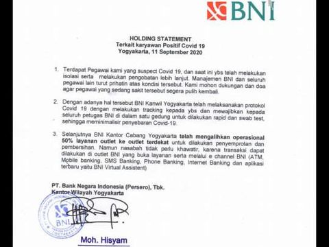 Salah satu kantor Bank BNI di Yogya yang ditutup sementara