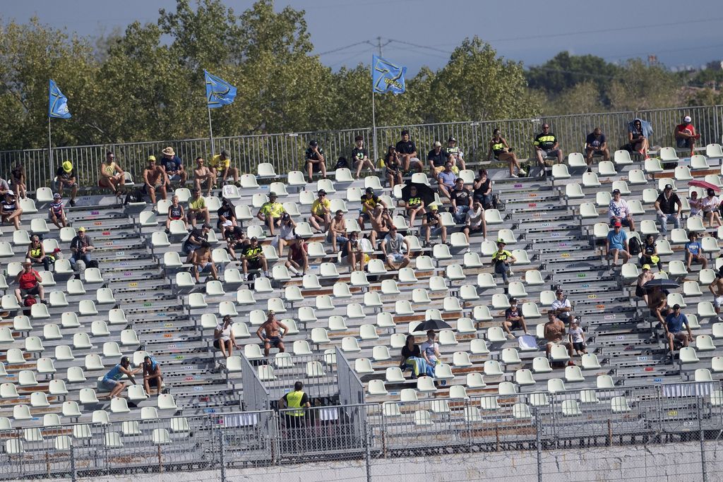 MISANO ADRIATICO, ITALY - SEPTEMBER 11: Fans look on in grandstand  during the MotoGP Of San Marino - Free Practice at Misano World Circuit on September 11, 2020 in Misano Adriatico, Italy. (Photo by Mirco Lazzari gp/Getty Images)