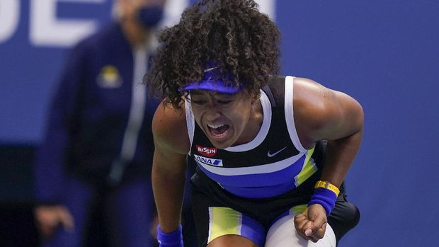 Naomi Osaka, of Japan, reacts during the women's singles final against Victoria Azarenka, of Belarus, during the US Open tennis championships, Saturday, Sept. 12, 2020, in New York. (AP Photo/Seth Wenig)