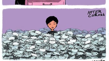 Dalam beberapa ilustrasinya ia fokus pada masalah yang ditimbulkan dari masker ini sepeti limbah pemakaikan masker sekali pakai. Foto: Instagram/iconeo