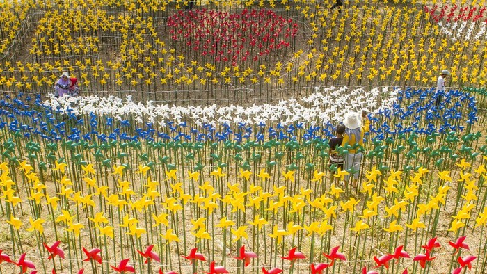 Taman Kincir Angin Marigold Garden di Karawang jadi alternatif destinasi wisata di akhir pekan. Di sana warga dapat berfoto dengan latar ribuan kincir angin.