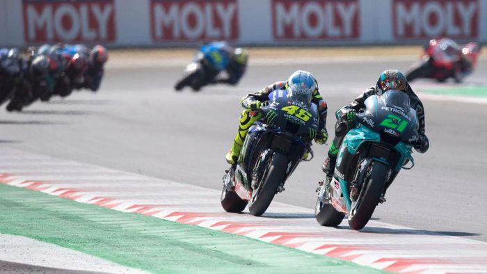Franco Morbidelli MISANO ADRIATICO, ITALY - SEPTEMBER 13: Franco Morbidelli of Italy and Petronas Yamaha SRT leads Valentino Rossi of Italy and Monster Energy Yamaha MotoGP Team during the MotoGP Race during the MotoGP Of San Marino - Race at Misano World Circuit on September 13, 2020 in Misano Adriatico, Italy. (Photo by Mirco Lazzari gp/Getty Images)